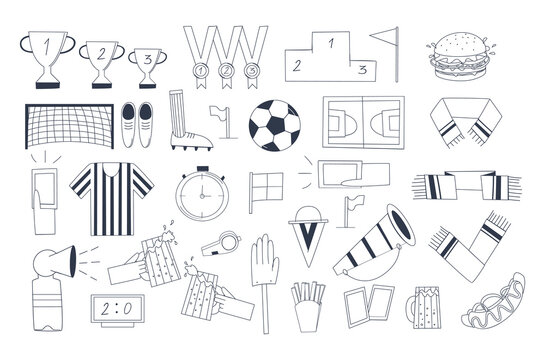 A set of football-themed items. Black and white soccer icons. Flat illustration. Eps10