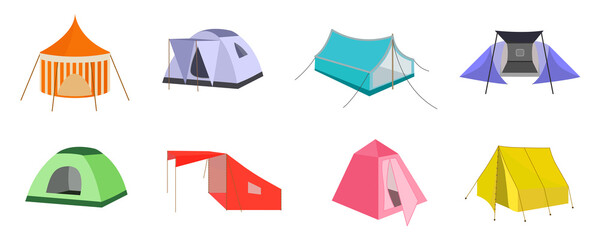 Set of multicolored tents in a cartoon style. Vector illustration of charming camping tents, outdoor recreation, different shapes.