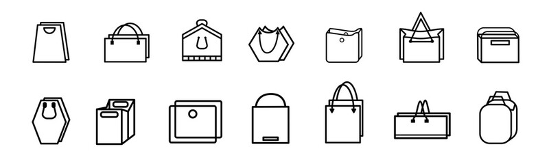 Set of icons bags in flat style. Vector illustration of bags for shopping, gifts and food packages shopping, gifts and food different shapes.