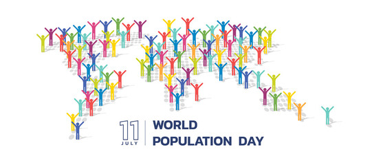 World Population Day - group of colorful people raise arms stand on dots map world vector design