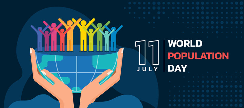 World Population Day - hand hold earth with group of colorful people raise arms stand on drak blue background vector design