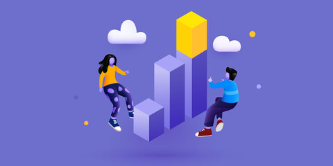 People flying around growth chart. Investment, statistics or analysis concept.