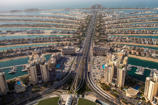 United Arab Emirates, Dubai, Elevated view of Palm Jumeirah Archipelago