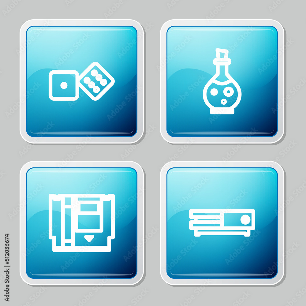 Poster set line game dice, bottle with magic elixir, cartridge and video game console icon. vector