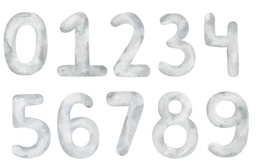 Watercolor illustration collection of black and white numbers. Hand painted watercolour drawing on white background, watercolor isolated elements for creative invitation, card, design, sticker