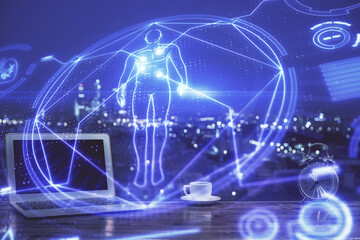 Desktop computer background and education theme drawing. Double exposure. Study concept.