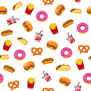 seamless pattern of fast food, burger, hot dogs, fries. vector illustration