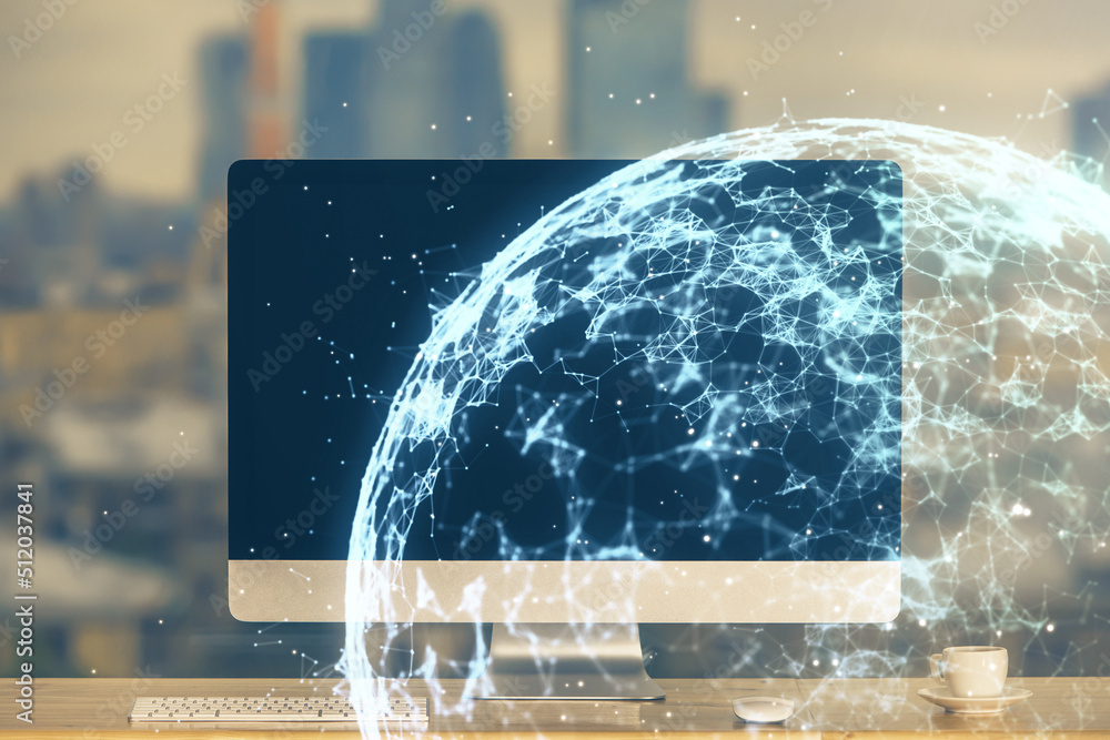 Aufkleber Computer on desktop with social network theme icon. Multi exposure. Concept of international connections.