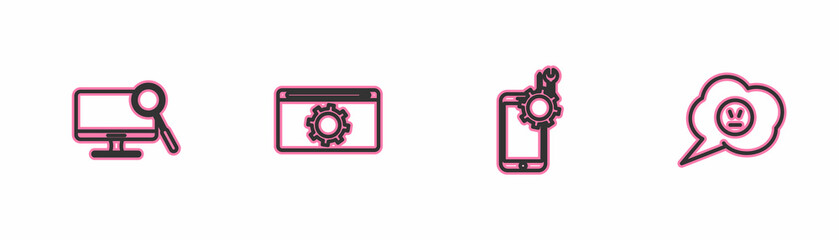 Set line Computer monitor diagnostics, Mobile service, Setting and Speech bubble with angry smile icon. Vector