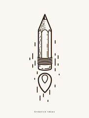 Pencil launching like a rocket start up, creative energy genius artist or designer, vector design and creativity logo or icon, art startup.