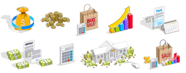 Business and finance concepts 3D vector illustrations set isolated on white background, money theme conceptual design collection, savings, bank, contract, income, safety, online. - obrazy, fototapety, plakaty