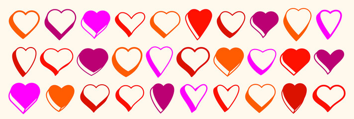 3D dimensional hearts vector icons or logos set, heart shaped buttons, graphic design elements collection, gift boxes on Valentine day.