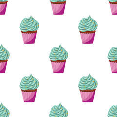 seamless cupcake pattern with blue cream and sprinkles. vector illustration on a white background.