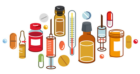 Big composition set of medicaments vector flat illustration isolated, pharmacy drugs apothecary bottles and pills and ampules, health care and healing medical theme design.