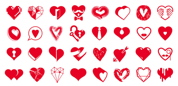 Hearts big vector set of different shapes and concepts logos or icons, love and care, health and cardiology, geometric and low poly, collection of heart shapes symbols.