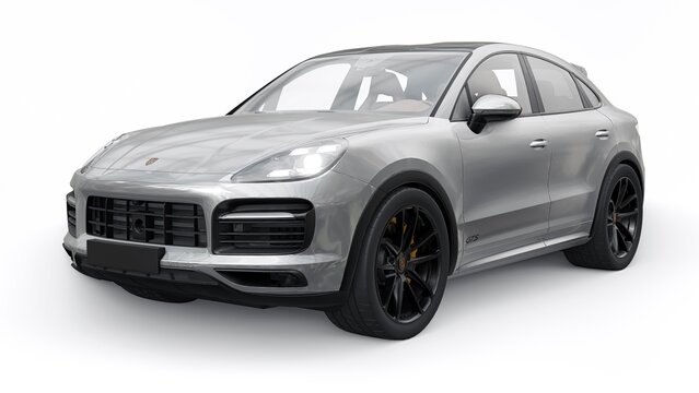 Berlin. Germany. June 12, 2022. Gray Porsche Cayenne GTS Coupe 2020 on a white background. 3d model of a sports SUV in a coupe body. 3d rendering.