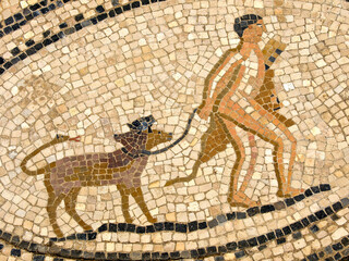 Fototapeta na wymiar Mosaicos de la casa de los trabajos de Hércules.Ciudad Romana de Volubilis(II d.c.), yacimiento arqueologico.Marruecos.