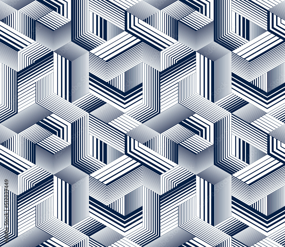 Poster seamless isometric lines geometric pattern, 3d cubes vector tiling background, architecture and cons