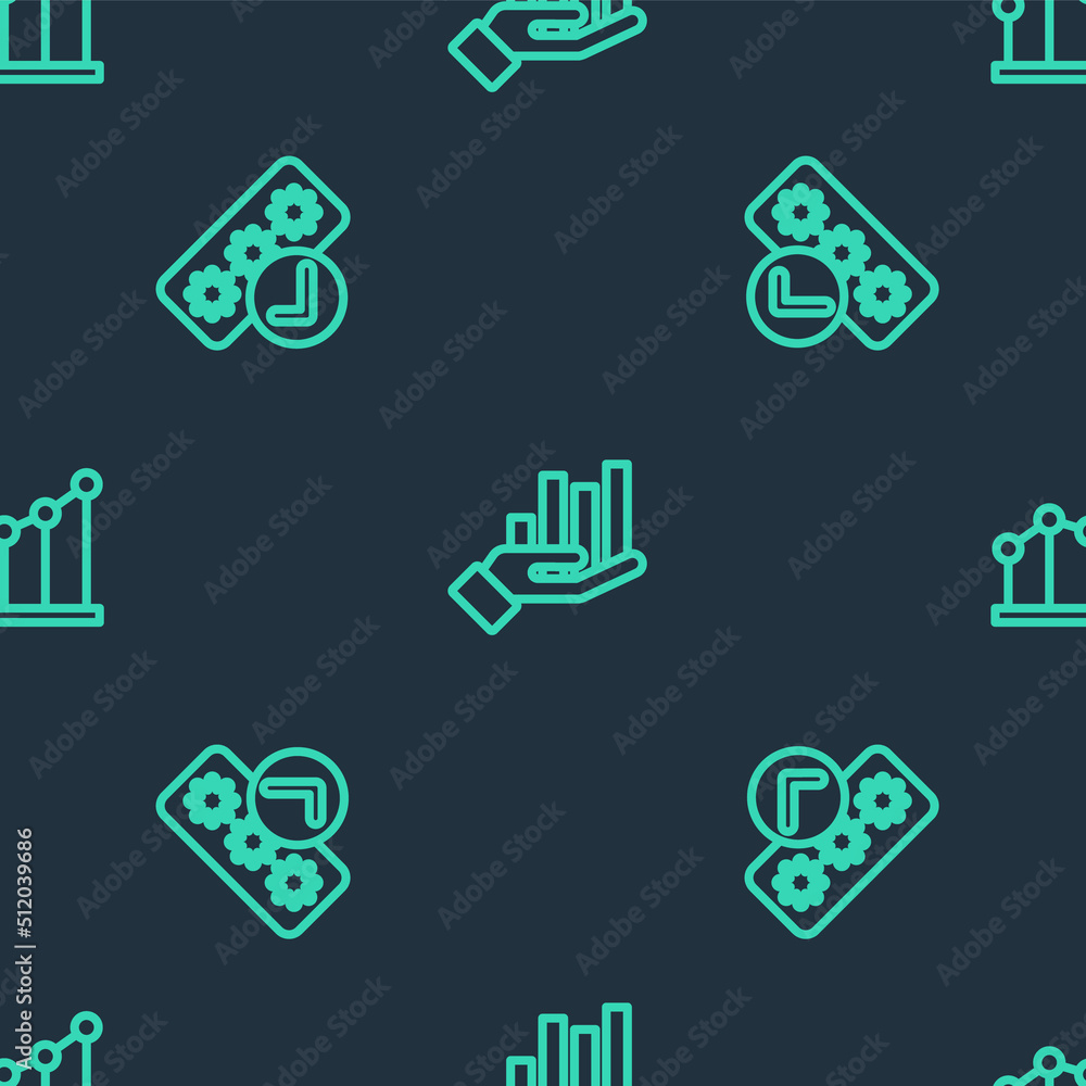 Poster set line pie chart infographic, password protection and on seamless pattern. vector