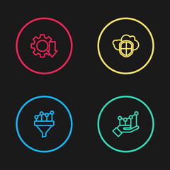 Set line Sales funnel with chart, Pie infographic, Cloud and shield and Cost reduction icon. Vector