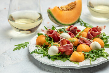 mediterranean salad with prosciutto or jamon, mozzarella and green basil leaves and Cantaloupe...