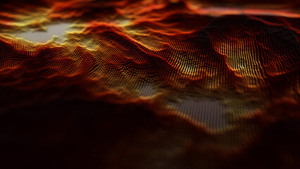 Red dynamic particles wave. Embossed mesh representing internet connections, cloud computing and neural networks. Data flow. Technology background. 3d rendering.