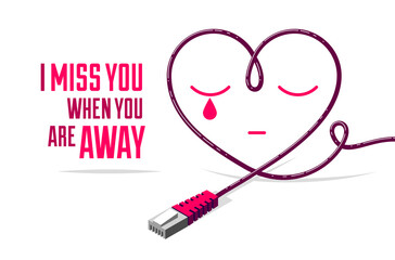 Missing a partner lover vector concept with internet plug in a shape of heart poster or banner, online love, internet relations.