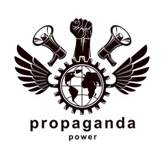 Vector marketing banner composed with loudspeakers, raised clenched fist, Earth planet and industry gear. Civil war abstract illustration, no limits concept. Power of social message.