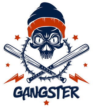 Criminal tattoo ,gang emblem or logo with aggressive skull baseball bats and other weapons and design elements, vector, bandit ghetto vintage style, gangster anarchy or mafia theme.
