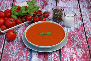 Frische Tomatensuppe mit Basilikum,Tomaten und Gewürzen.