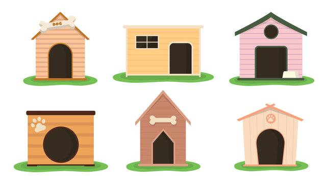 Set of colorful dog houses in cartoon style. Vector illustration of wooden pet houses with grass on white background.
