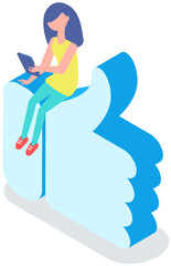 Young woman uses tablet or smartphone for chatting and surfing Internet. Girl sitting on like icon with phone in hands. Social networks, user profile in media. Lady using modern gadget, technology