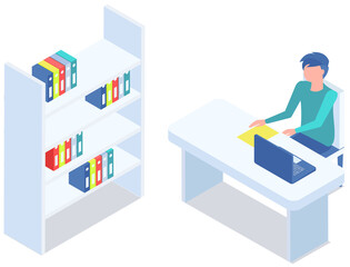 Office staff, manager work and communication. Office worker at the table. Business employees on their workspace. Co-worker. Businessman or a clerk working at his office workplace. Man surfing internet