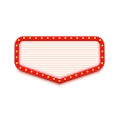 Retro red lightbox with light bulbs frame. Billboard with retro style. Vector graphic element for poster, promotion post, banner advertising, trendy design projects. Blank vector mockup.