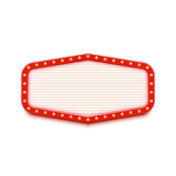 Retro red lightbox with light bulbs border. Signboard with retro style. Vector graphic element for poster, promotion post, banner advertising, trendy design projects. Blank mockup.