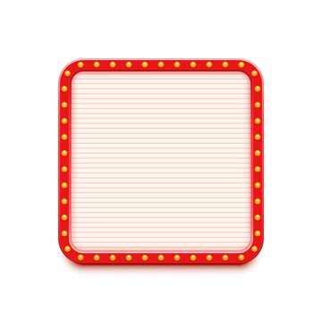Retro red light box with light bulbs border. Banner with vintage style. Vector graphic element for poster, promotion post, banner advertising, trendy design projects. Blank vector mockup.
