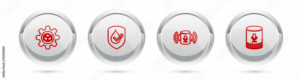 Poster set line product development, waterproof, voice assistant and . silver circle button. vector