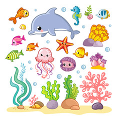 Big set with sea animals and plants in cartoon style. Vector illustration.