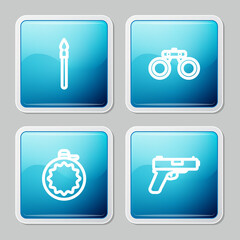 Set line Medieval spear, Binoculars, Canteen water bottle and Pistol or gun icon. Vector