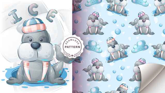 Cartoon Character Adorable Animal Walrus - Seamless Pattern