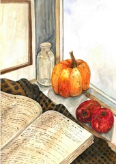 watercolor autumn postcard. The interior of a room with apples, a pumpkin, a book, a cozy blanket near the window and a picture on the wall with an empty space for your text.hello autumn postcard