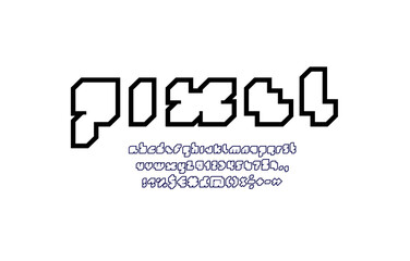 Pixel font, black alphabet, letters and number in the game style