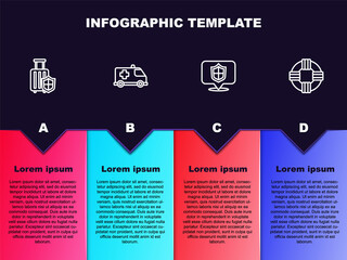 Set line Travel suitcase with shield, Emergency car, Location and Lifebuoy. Business infographic template. Vector