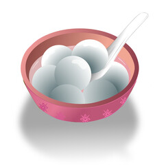 A bowl of sweet dumplings, 7 sweet dumplings with soup on a pink shiny bowl with white ceramic Chinese style spoon,  on a white background with shadow, realistic  minimalist style illustration, vector