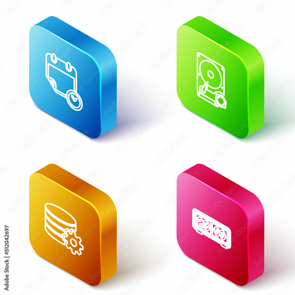 Poster set isometric line calendar and clock, hard disk drive hdd sync refresh, setting database server and