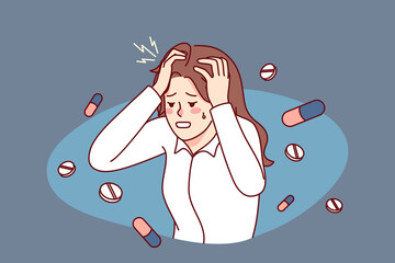 Unhealthy woman suffering from migraine need painkiller to relieve pain. Unwell female struggle with headache or dizziness. Healthcare and medication concept. Vector illustration.  - obrazy, fototapety, plakaty
