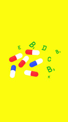 medical capsules of different colors. detection of vitamins by green color symbols. healthy food concept. Vertical image. 3D image. 3D rendering.