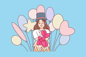 Smiling young woman selling balloons. Happy female seller promoting helium balloons and figures. Flat vector illustration. 