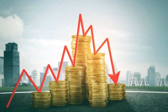 Heaped gold coins and falling arrow with cityscape - Powered by Adobe