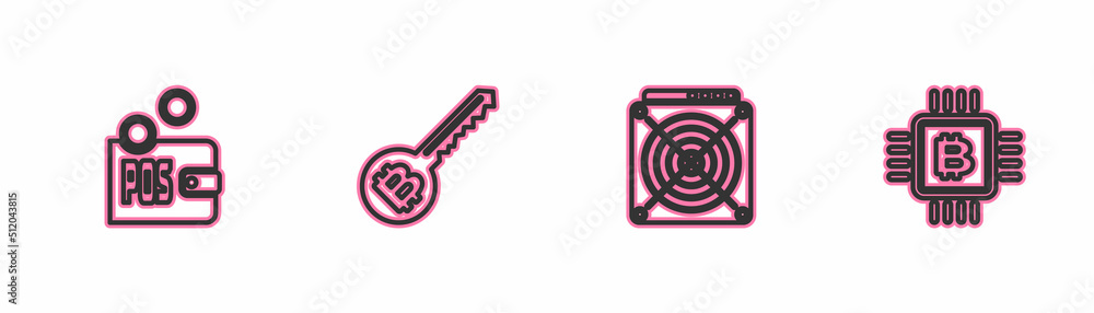 Poster set line proof of stake, asic miner, cryptocurrency key and cpu mining farm icon. vector